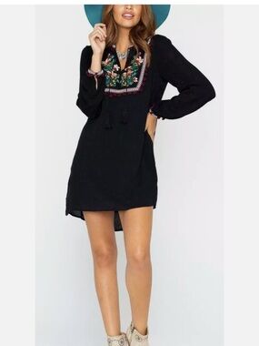 Black Embroidered Tunic Dress with Floral Yoke